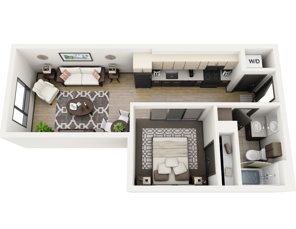 Floor plan for 1 bed, 1 bath, 556 sqft